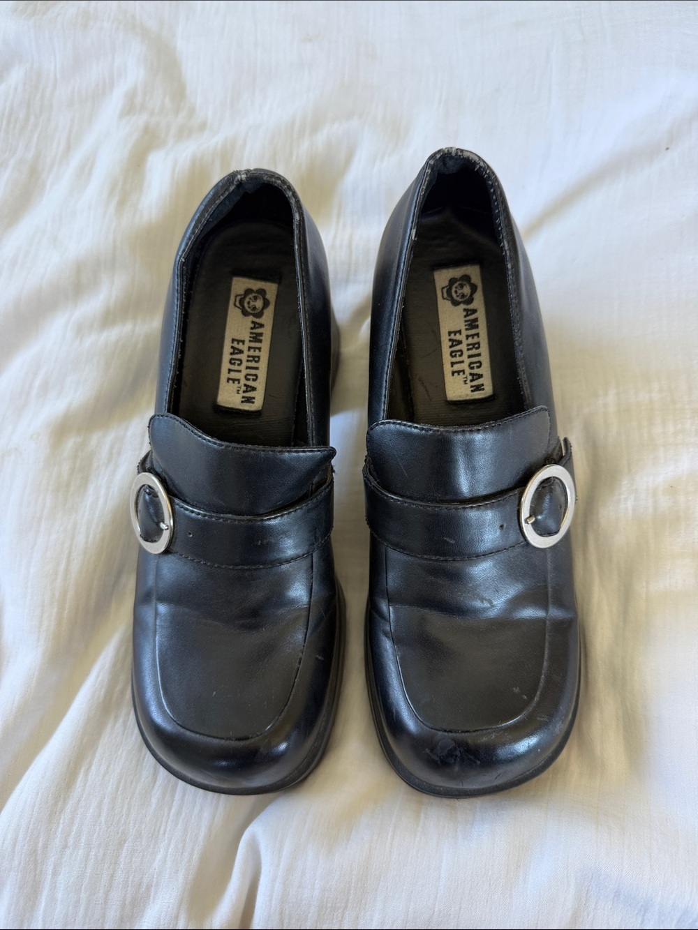 Vintage American Eagle Outfitters Black Loafers heels with Silver Buckle